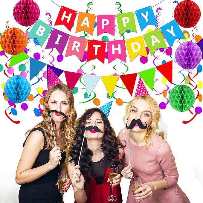 Fecedy Happy Birthday Banner With Colorful Paper Flag Bunting Paper Circle Confetti Garland Swirl Streamers Honeycomb ball for Birthday Party Decorations
