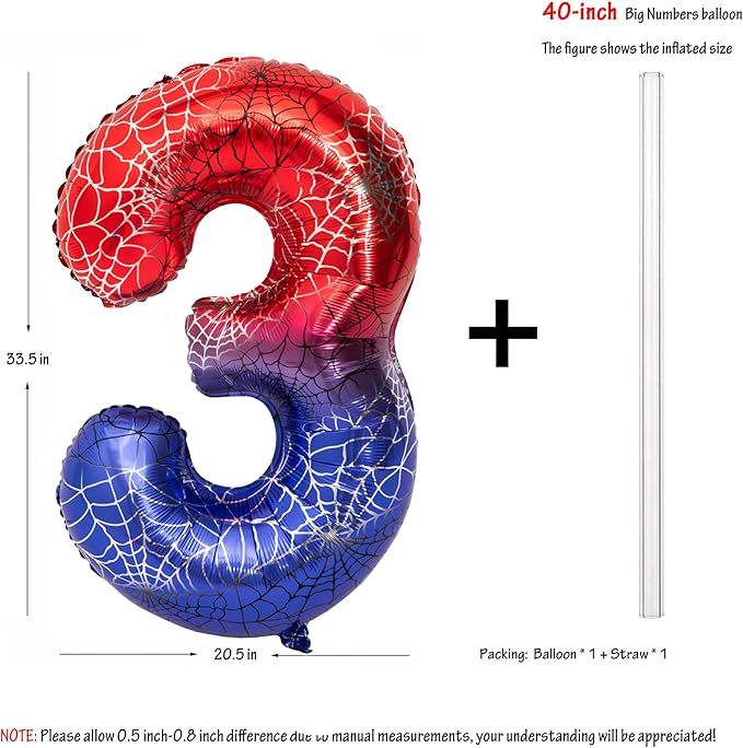 40 Inch Red and Blue Spider Theme Large Number 3 Balloon Giant Foil Birthday Balloons for Spider Theme Party Boy or Girl 3 th Birthday Wedding Anniversary Baby Shower Party Decorations