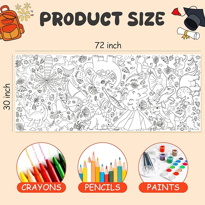 OHOME Dinosaur Giant Coloring Poster/Tablecloth - Dinosaur Birthday Decorations,Kids Crafts Games Activities Toys Decor Party Decor for Classroom School