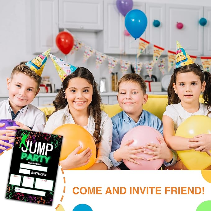 DETIHO 4" x 6" Jump Theme Birthday Party Invitation Cards With Envelopes - Trampoline Park Bounce House Party Invitation - 20 Sets - E33