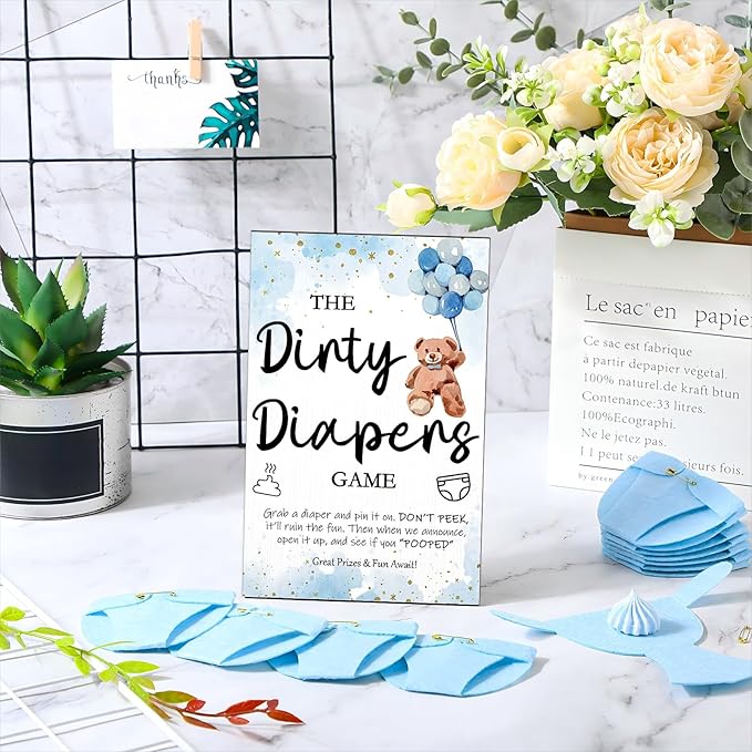 Roowest 51 Pcs Dirty Diaper Baby Shower Games Funny Wooden Sign with 50 Pcs Mini Diapers Cute Felt for Gender Reveal Party Baby Shower(Bear Blue)