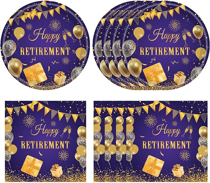 40PCS Retirement Party Decorations Women,Retirement Party Plates and Napkins Set Purple Golden Disposable Dinnerware Tableware Decorations Supplies Favors | Serve 20