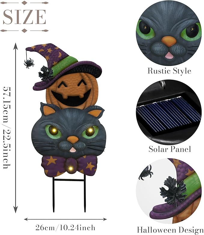 TERESA'S COLLECTIONS Pre-Lit Halloween Decorations Outdoor, Solar Garden Stake with 2 Stacks Cute Black Cat Pumpkin, Jack O Lantern Metal Yard Art Lawn Gift for Valentines Party Porch Patio Decor, 23"