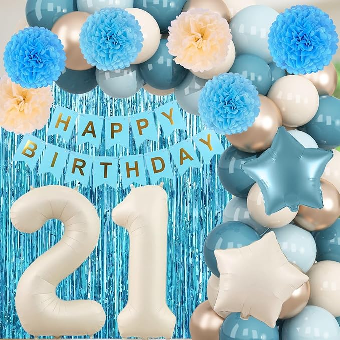 Dusty Blue 21st Birthday Decorations for Him Her Beige Cream Number 21 Balloon Blue Gold Happy Birthday Banner Fringe Curtain Paper Pom Poms Nude White Sand Champagne Star Foil Balloons Party Decor