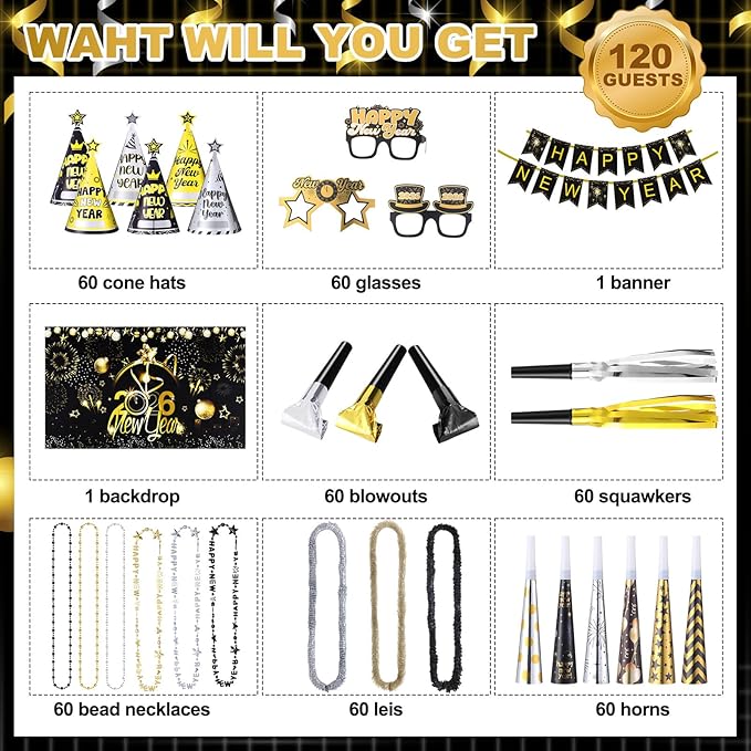 Gueevin 422 Pcs New Year's Eve Party Supplies Kit 2026 for 120 Guests, Including Happy New Year Banner & Backdrop, 60 Blowouts, 60 Squawkers, 60 Horns, 60 Hats, 60 Glasses, 60 Necklaces, 60 Leis
