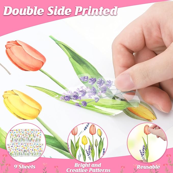 210PCS Spring Window Clings, 9 Sheet Spring Window Clings for Glass Windows with Tulip Flowers Butterfly, Double-Side Decals Stickers Decorations for Home Office Decor