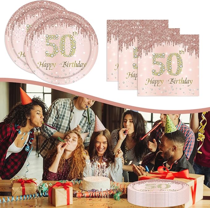 50th Rose Gold Birthday Plates and Napkins, 9 Inch Pink Rose Gold Disposable Dinner Dessert Plates Happy 50th Birthday Party Supplies Decorations for Girls Women
