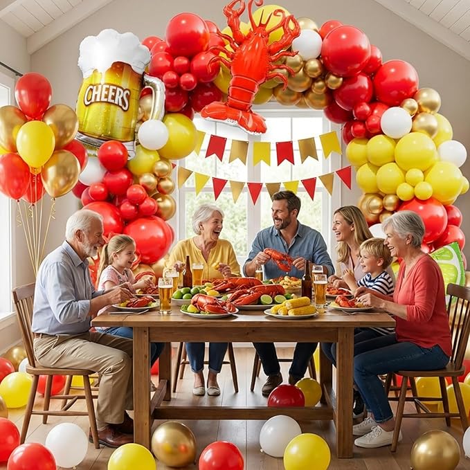 Bonropin Crawfish Boil Party Supplies, 150pcs Crawfish Balloon Arch Garland Kit with Red Yellow Gold Latex Balloons, Crawfish Beer Lemo Foil Balloons for Crawfish Boil Birthday Party Decoration