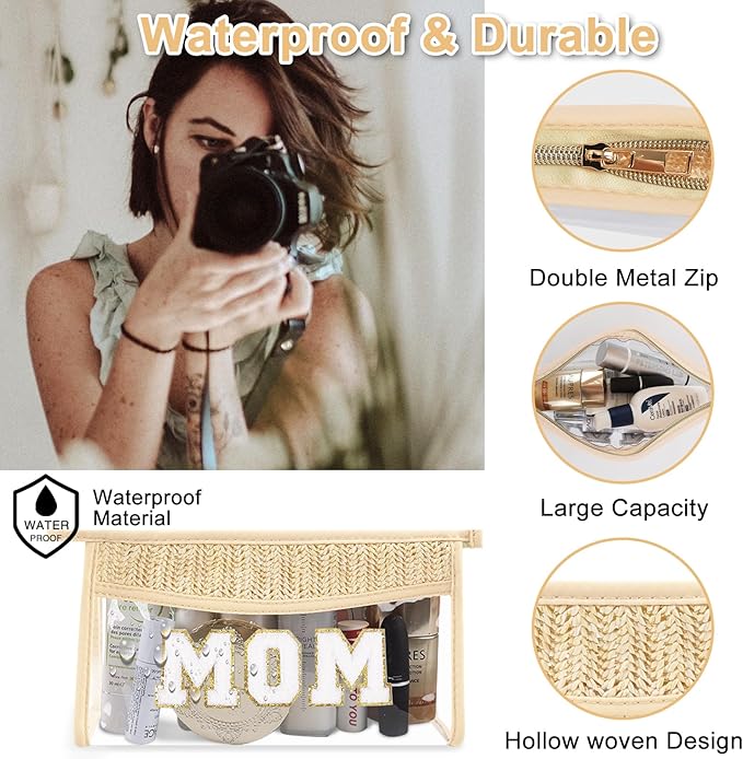 Boho Patch Mama Bag Clear Makeup Letter Bag for Mom, Waterproof Zipper Make up Bags Toiletry Pouch for Women Girls, Clear Letter Patch Cosmetic Bags Transparent Organizer Pouch for Travel(Mom, Beige)