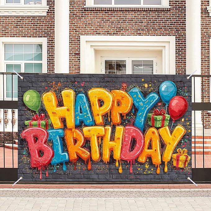 Nuxovilar Happy Birthday Yard Banner - 71x43 inches, Graffiti-Inspired Design Decorations Large Happy Birthday Banner Outdoor & Indoor Backdrop