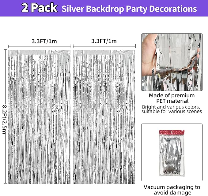 Silver Tinsel Backdrop Party Decorations 3.3x8.2ft, 2 Pack Foil Fringe Curtains Door Decorations Hanging, Silver Streamers Photobooth for Birthday Easter Christmas Bachelorette Disco Bridal Shower