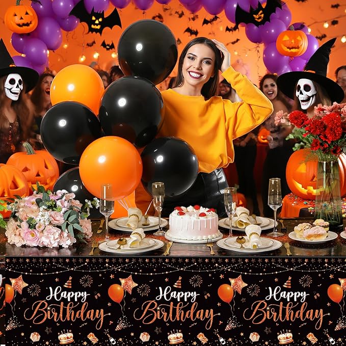 Tudomro 3 Pcs Happy Birthday Tablecloths Happy Birthday Party Decorations Plastic Table Cover Rectangular Cloths for Women Men Baby Shower Party Supplies, 108 x 54 Inch (Black Orange)