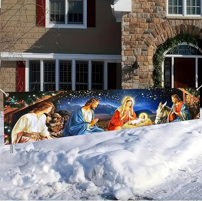 Nativity Scene Decorations Banner Polyester Fabric Holy Family Manger Design for Indoor Outdoor Garden Fence Banner Party Outdoor Porch sign 118x20 Inch Supplies Banners
