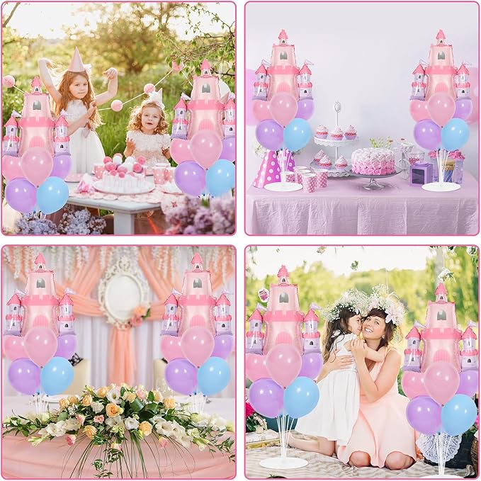 Princess Party Balloons Stand Kit 2 Sets with 2 Princess Castle Foil Balloons Pastel Blue Pink Purple Themed Party Balloon Centerpiece for Tables for Girls Baby Shower Fairytales Birthday Decorations