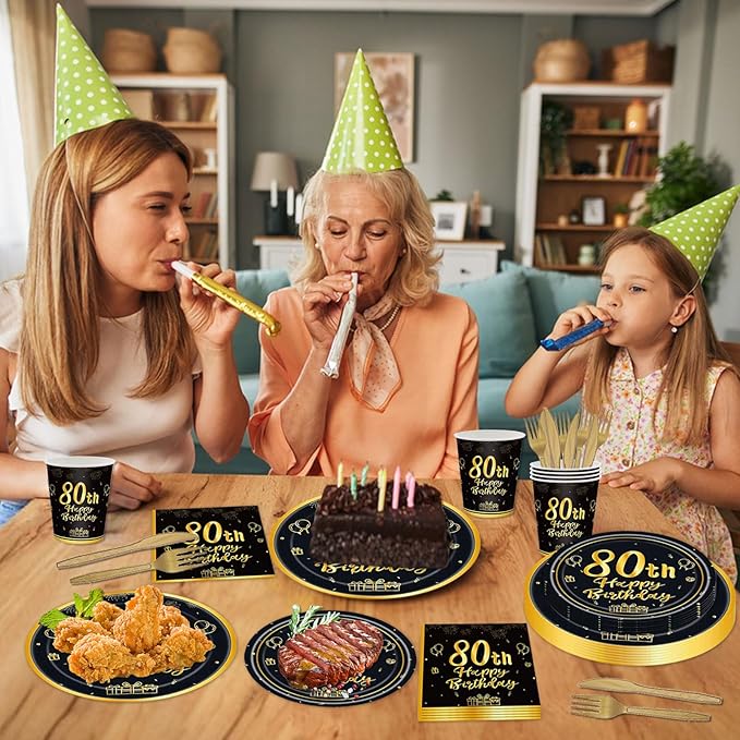 144PCS 80th Birthday Plates and Napkins Birthday Party Supplies 80th Birthday Party Decorations for Men Women Disposable Party Tableware Including Paper Plates Napkins Cups Forks Serve 24
