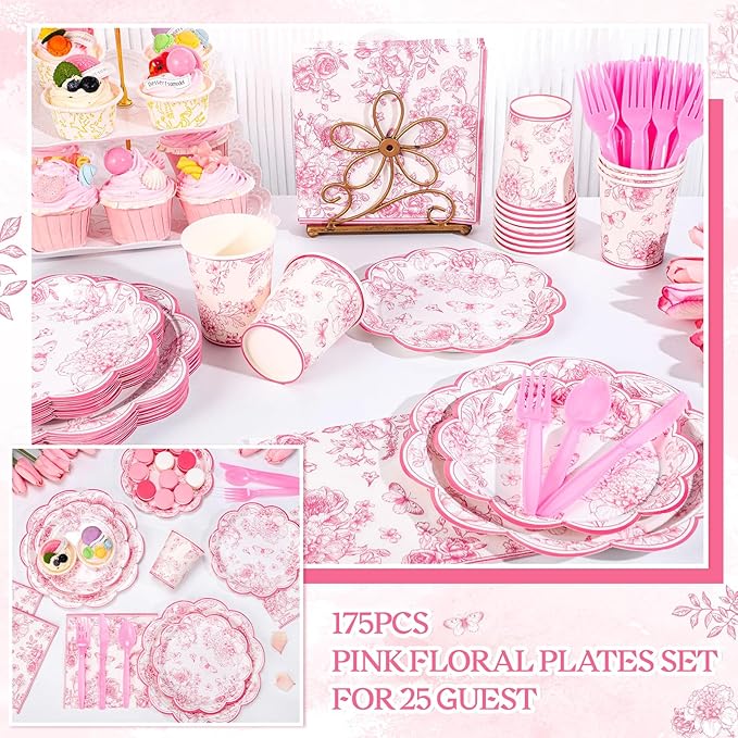 175 Pcs Pink Floral Plates and Napkins, 25 Guest Scalloped Vintage Floral Party Decorations Include Toile Plates Napkins Cups Cutlery for Mothers Day, Wedding, Bridal Baby Shower Tea Party