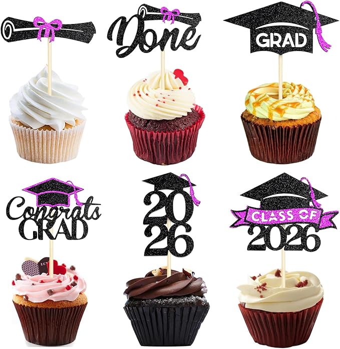 24 Pack 2026 Congrats Grad Cupcake Toppers Set, Graduation Cupcake Decor, Class of 2026 Cupcake Picks for Senior High School College Grad Party Decorations Supplies(Black with Purple) A