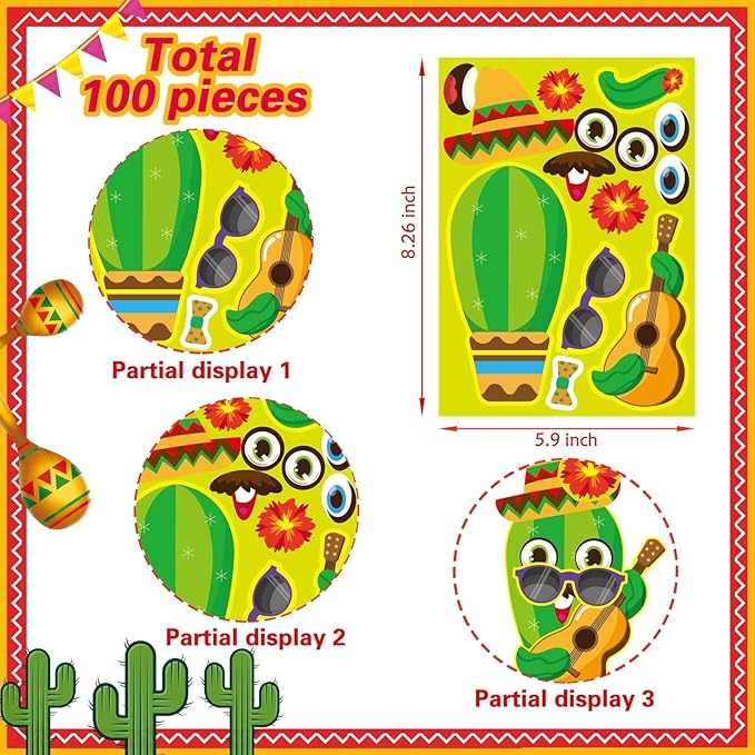 24 Sheets Make Your Own Mexican Carnival Stickers, Mexican Food Sticker, Cinco De Mayo Sticker, Avocado Cactus Guitar Stickers, Carnival Themed Party Supplies