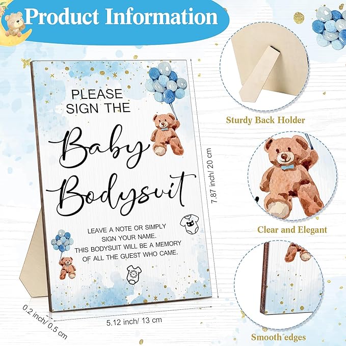 Qunclay 12 Pcs Baby Shower Game Decor with White Unisex Bodysuit Wooden Sign Tabletop Decor and Marker for Guests(Blue Bear)