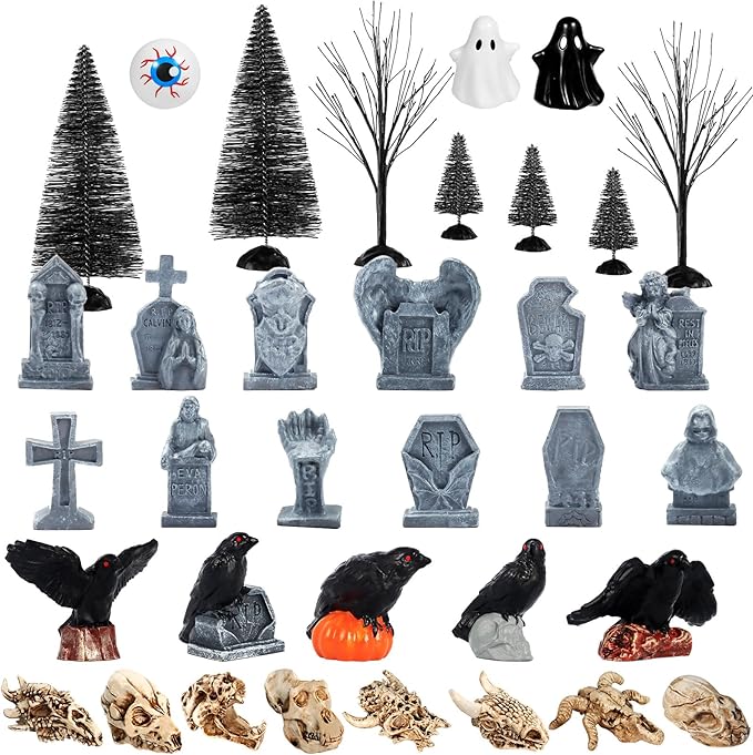 35 PCS Halloween Village Accessories Miniature Tombstone Crow Animal Skull Figurines Halloween Village Trees Spooky Town Set for Mini Graveyard Scene Decor