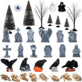 35 PCS Halloween Village Accessories Miniature Tombstone Crow Animal Skull Figurines Halloween Village Trees Spooky Town Set for Mini Graveyard Scene Decor