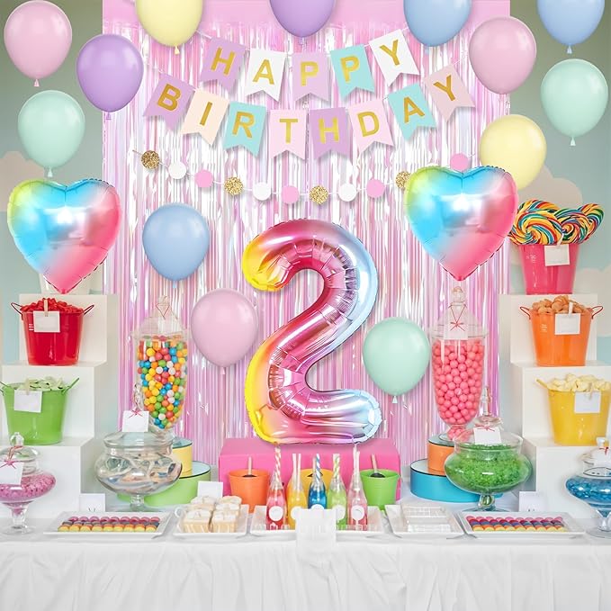2nd Birthday Decorations Rainbow,Gradient Number 2nd Balloon,Pastel Happy Birthday Banner Fringe Curtain Heart Foil Balloons Boys Girls 2 Year Old Decor