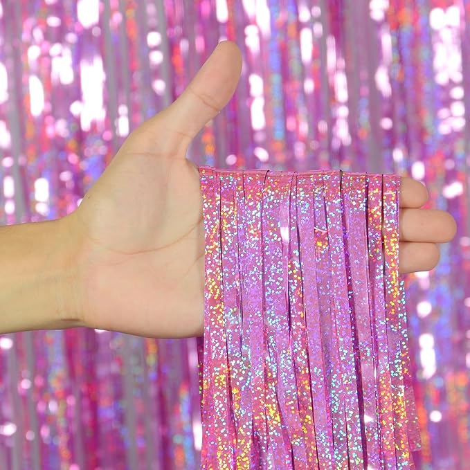 Melsan Pink Foil Fringe Curtains Easter Decorations for Home – 3 Pack 3.2 x 8.2 ft Shiny Tinsel Backdrop for Bachelorette Party, Disco Y2K Decorations, Girls Birthday & Photo Booth Backdrop