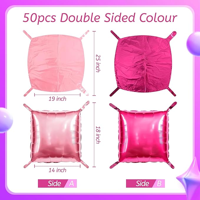 50 PCS Hot Pink Square Foil Balloons, Reusable Double Sided Mylar Balloons for DIY Balloon Arch & Wall Backdrop, Ideal for Wedding Birthday Bachelorette Graduation Baby Shower Party Decorations