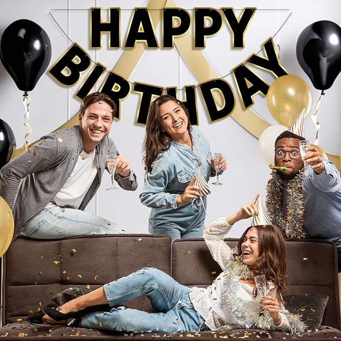 Happy Birthday Banner - 9ft Pre-Strung Happy Birthday Sign for Women, Men, Girls, Boys - No DIY Birthday Decorations & Party Supplies(Black Gold)