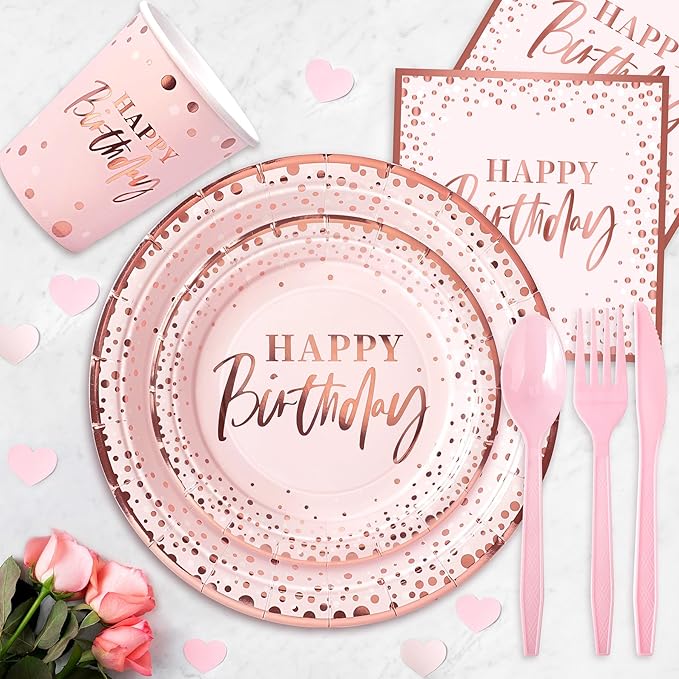 Pink and Rose Gold Happy Birthday Party Plates Set, 168PCS Dots Paper Plates Napkins Cups and Pink Cutlery, 24 Set Disposable Tableware for Birthday Baby Shower Party Decorations