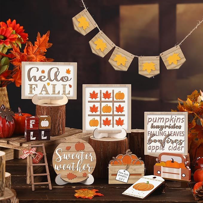 14 Pcs Thanksgiving Tiered Tray Decorations Set Thanksgiving Pumpkin Maple Tiered Tray Decorations Set Rustic Farmhouse Pumpkin Truck Spice Blocks Autumn Wooden Sign for Winter Christmas