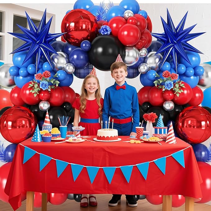 Navy Blue Red Silver Balloon Arch Garland Kit with Star Balloons Red 4D Round Foil Balloons for Birthday Graduation Party Decorations