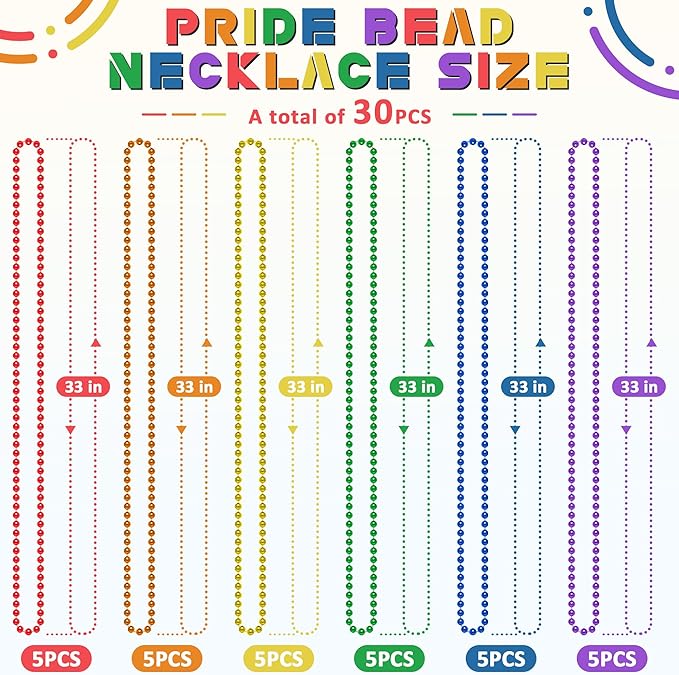 Pride Necklace Accessories , 30PCS Rainbow Beads Necklaces, 6 Kinds Metallic Rainbow Beads Bulk, Round LGBTQ Pride Stuff for Gay Lesbian, Costumes Decor for Parade Throws Party Favors