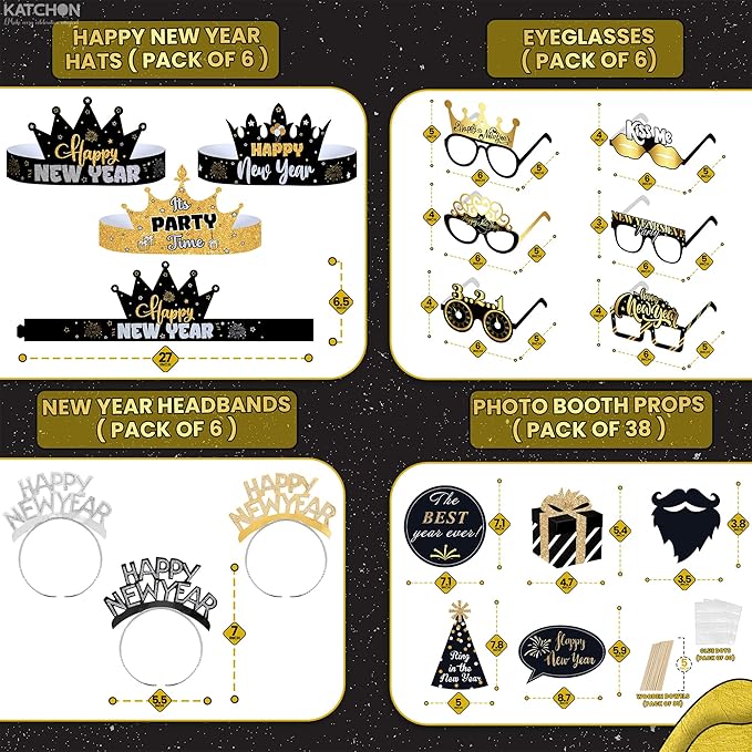 KatchOn, New Years Eve Party Favors - Pack of 74 | Happy New Year Glasses, Photo Props, Hats and Noise Makers | New Years Headband 2026, New Year's Eve Party Supplies for Happy New Year Decorations