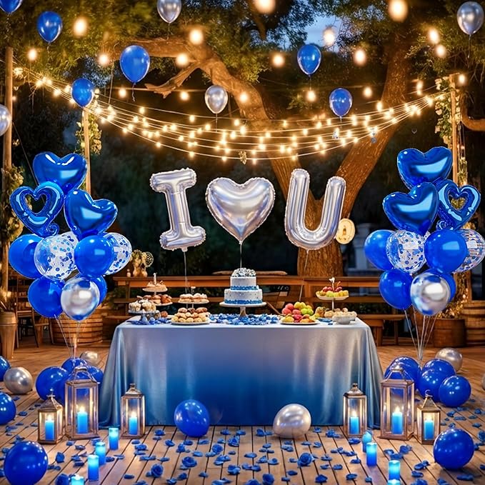 Bonropin I Love You for Him/Her Balloons Royal Blue and Sliver balloon kit with 24/18in Heart Shaped Foil Balloons and 400pcs Blue Artificial Rose Petals for Valentines Party Romantic Decoration