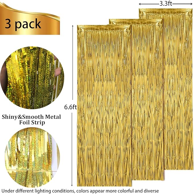 3 Pack Foil Curtain Backdrop 3.3x6.6 ft Tinsel Fringe Curtains for Parties Metallic Streamers Photo Booth Props,Wedding & Birthday,Holiday Decorations Disco,Bachelorette,Door Hanging Decor (Golden)