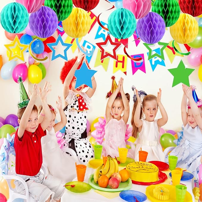 Colorful Rainbow Birthday Party Decorations Kit with Honeycomb Balls, Rainbow Stars Hanging Swirl Streamers, Circle Dots Garland, Happy Birthday Party Decorations for Women Men Boys Girls