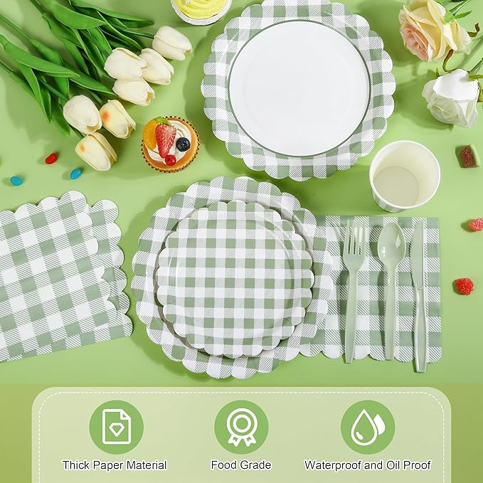 200 Pcs Sage Green Gingham Party Supplies Green and White Scalloped Paper Plates and Napkins Cups Disposable Gingham Checkered Plaid Dessert Plates Tableware Set for Baby Shower Wedding BBQ
