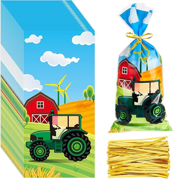 Gueevin 100 Pieces Cellophane Treat Bags Camp out Goodie Candy Favor Bags with 100 Pieces Twist Ties for Party Decorations Kids Birthday Party Baby Shower Supplies Gift Wrapping (Tractor Pattern)
