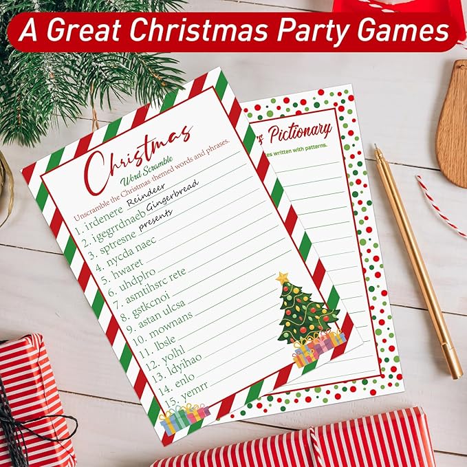 COCHIE 30 Players Christmas Party Games for Adults Family Office Large Groups, Xmas Parties Songs Pictionary Game, Guesstures Game, Word Scramble Games with Answer Key (Christmas Tree)