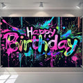 Neon Happy Birthday Banner 120x84 inch Photography Backdrops Party Background Decorations Colorful Graffiti Splash Paint KidsBirthday Supplies Glow in The Dark
