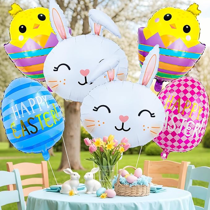 Easter Bunny Balloons Set Cute Rabbit, Chick & Happy Easter Egg Foil Balloons Spring Holiday Bunny Balloon for Kids Baby Shower Decor