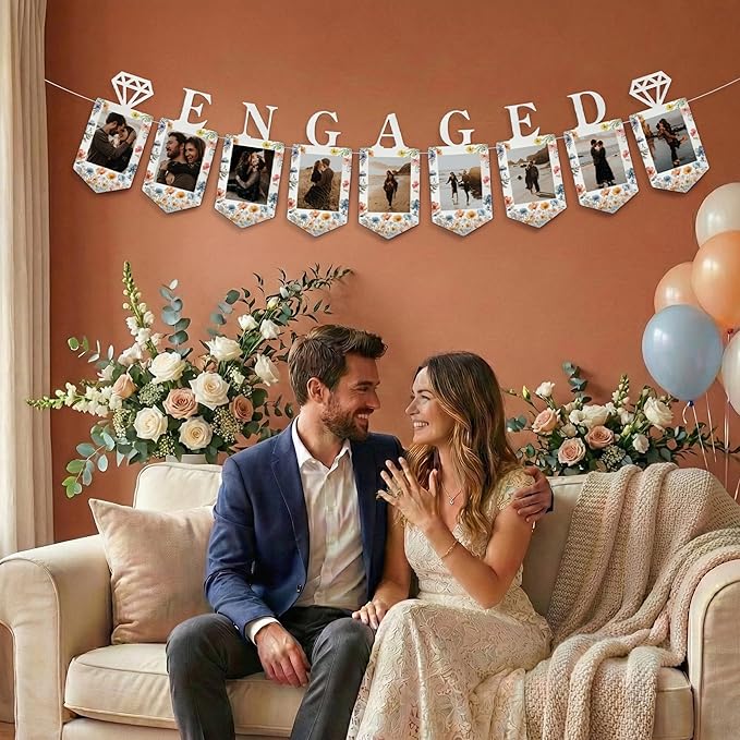 KatchOn, Large Engaged Banner for Pictures - 10 Feet, No DIY | Engagement Photo Banner for Engagement Party Decorations | Just Engaged Decorations, Picture Frames for Anniversary Decor, Wedding Decor