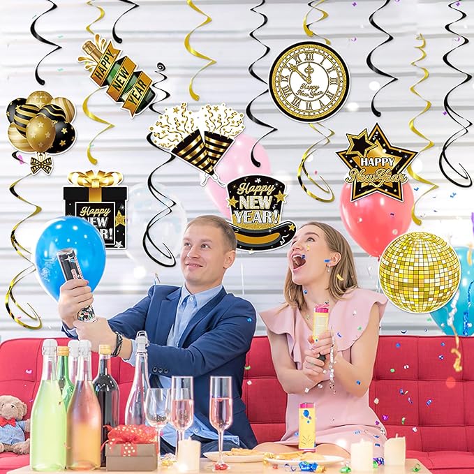 Happy New-Years Eve Party-Decorations Iridescent-Streamers - 8pcs Neon Glitter Holographic 2025 Nye Hanging Swirls Banner Supplies, Classroom Ceiling Garland Indoor Holiday Decor Panduola