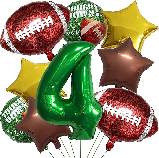 Football Balloons Foil Football Birthday Decorations Balloons Green Number 4 Balloon Gold Brown Star Touchdown Ballons for Rugby Birthday Decorations Sports Ballons Arch Kits Party Balloon Sets 9pcs