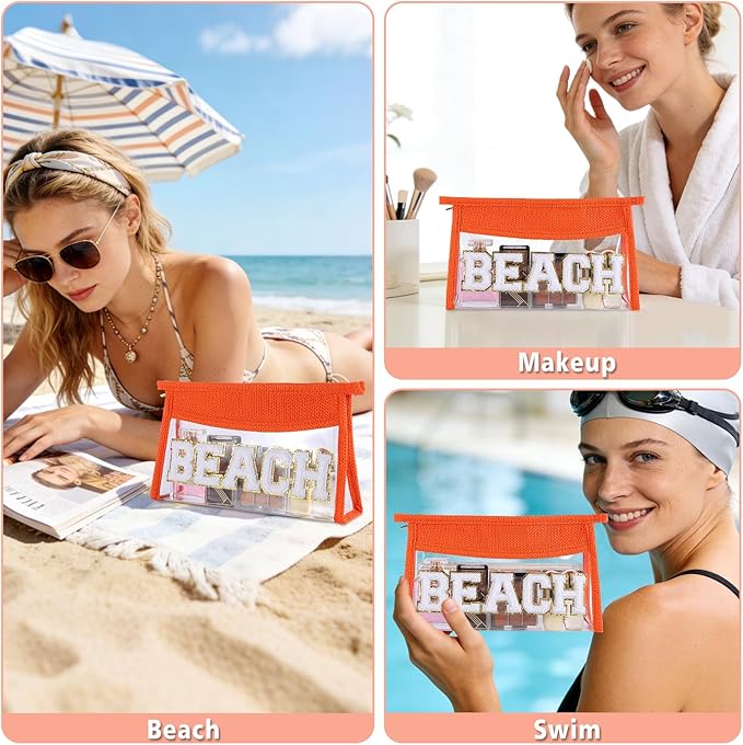 Beach Pouch Sunscreen Clear Makeup Bag Chenille Letter Beach Cosmetic Pouch Summer Essential Cute Toiletry Pouch Travel Accessories Gifts for Women