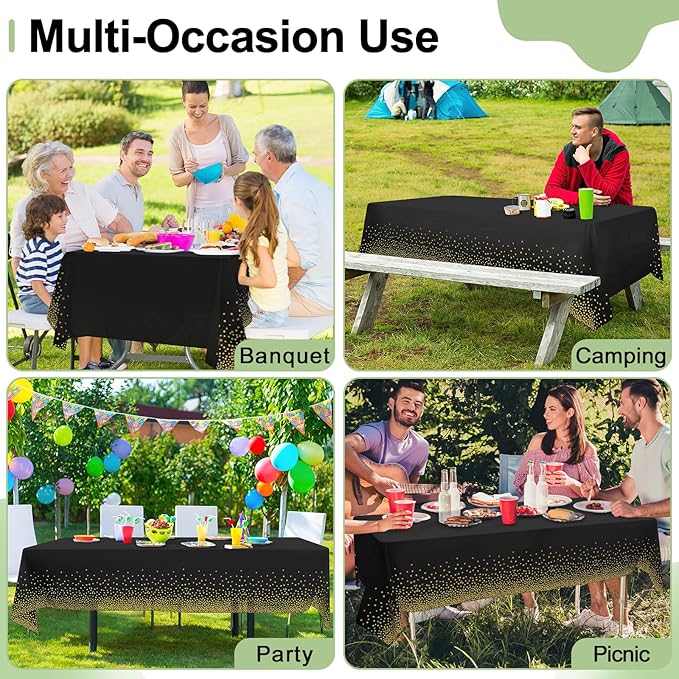 misaya 6 Packs Dot Disposable Table Cloth, 54 x 108 Inch Waterproof Plastic Tablecloth, Rectangle Gold Dots in Black Table Covers for Easter, Picnic, Birthday, Party