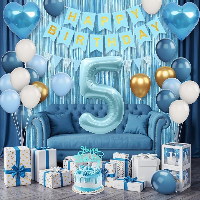 5th Birthday Decorations Blue White Gold,5th Birthday Balloons with Happy Birthday Banner Fringe Curtain Heart Foil Balloons for Boys Girls 5 Year Old Birthday Decor