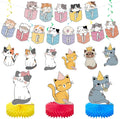 Chinco 16 Pcs Cat Theme Birthday Party Decorations Party Supplies Kit, Includes Cat Party Banner with 6 Hanging Cutouts 6 Hanging Swirl Decor and 3 Birthday Honeycomb Party Decoration(Cartoon Style)