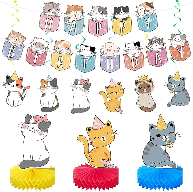 Chinco 16 Pcs Cat Theme Birthday Party Decorations Party Supplies Kit, Includes Cat Party Banner with 6 Hanging Cutouts 6 Hanging Swirl Decor and 3 Birthday Honeycomb Party Decoration(Cartoon Style)